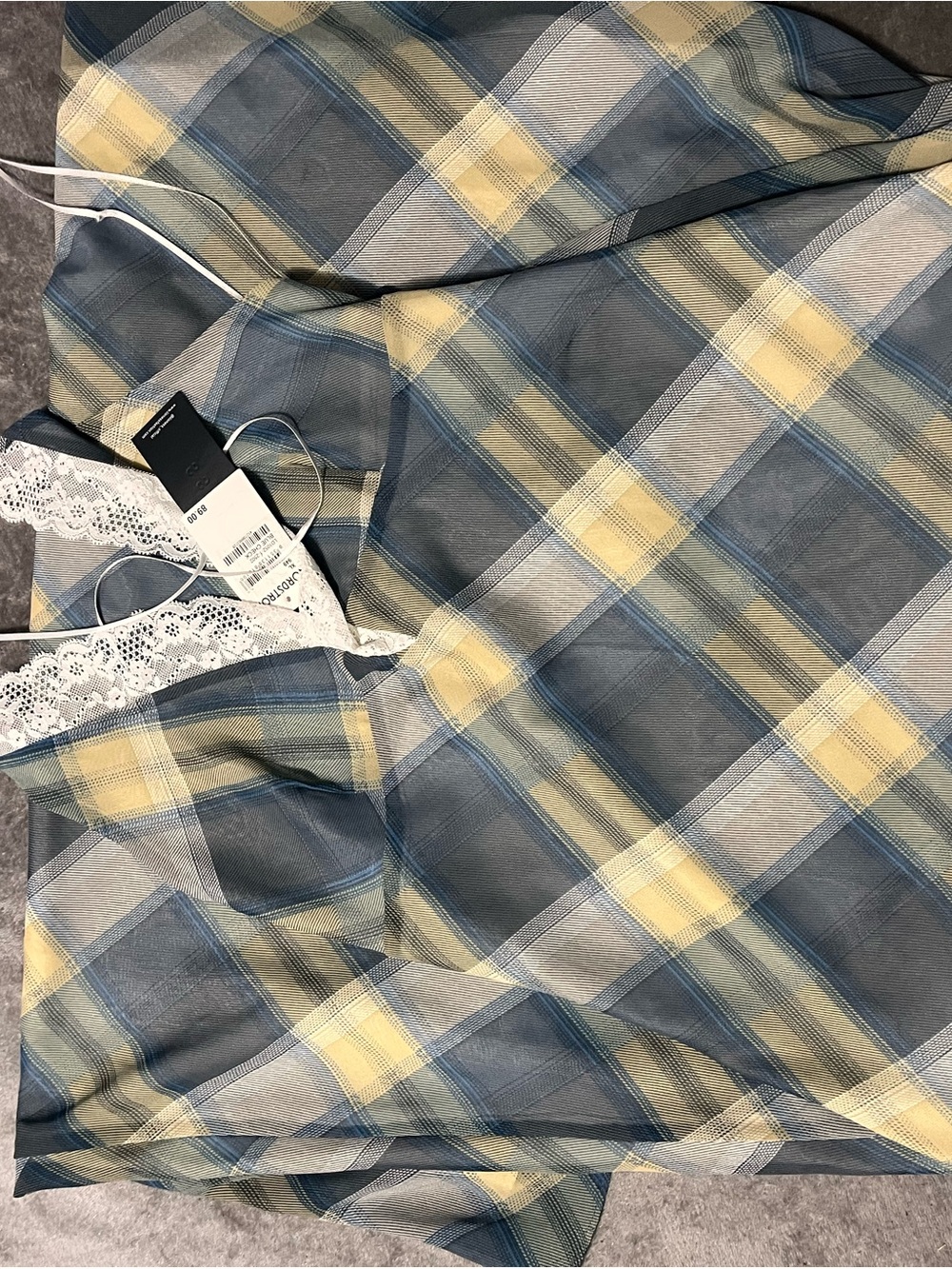 Lioness long plaid halter blue and white dress with low back and lace xl